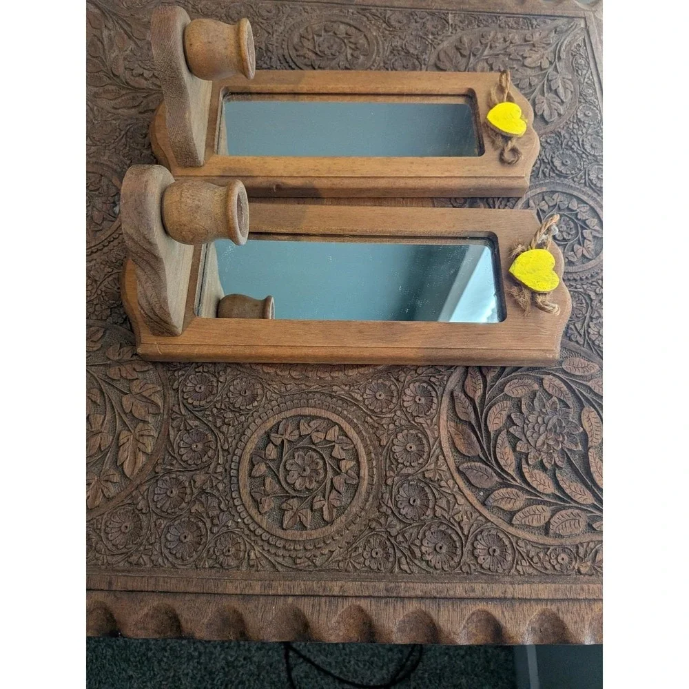 Vintage Wooden Mirror Sconce Wall Candle Holder Set Of 2 11.5 Inch Grannycore